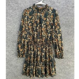 Anthropologie Drew Fern Floral Mini Dress Green Chiffon Smocked Mock Neck NEW, S